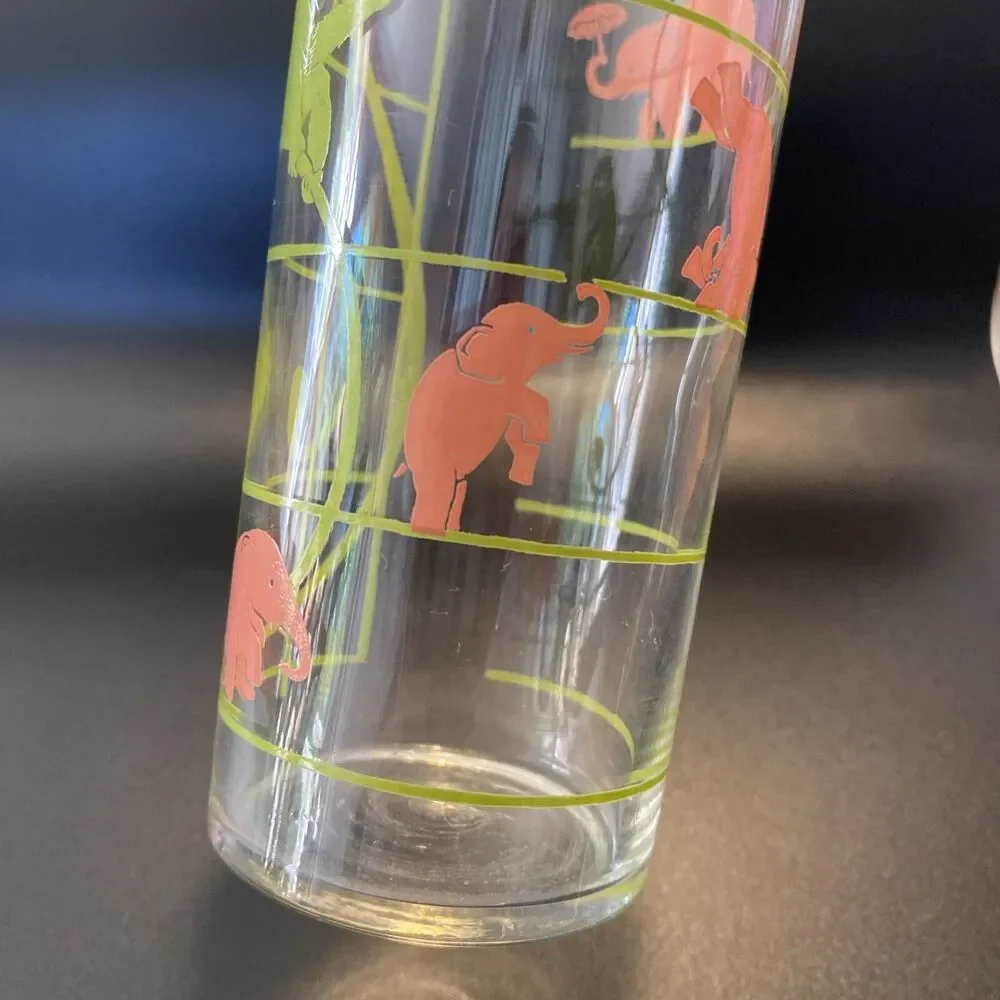 Vintage MCM Federal Glass Pink Elephant & Monkey Musical Notes Highball Glass